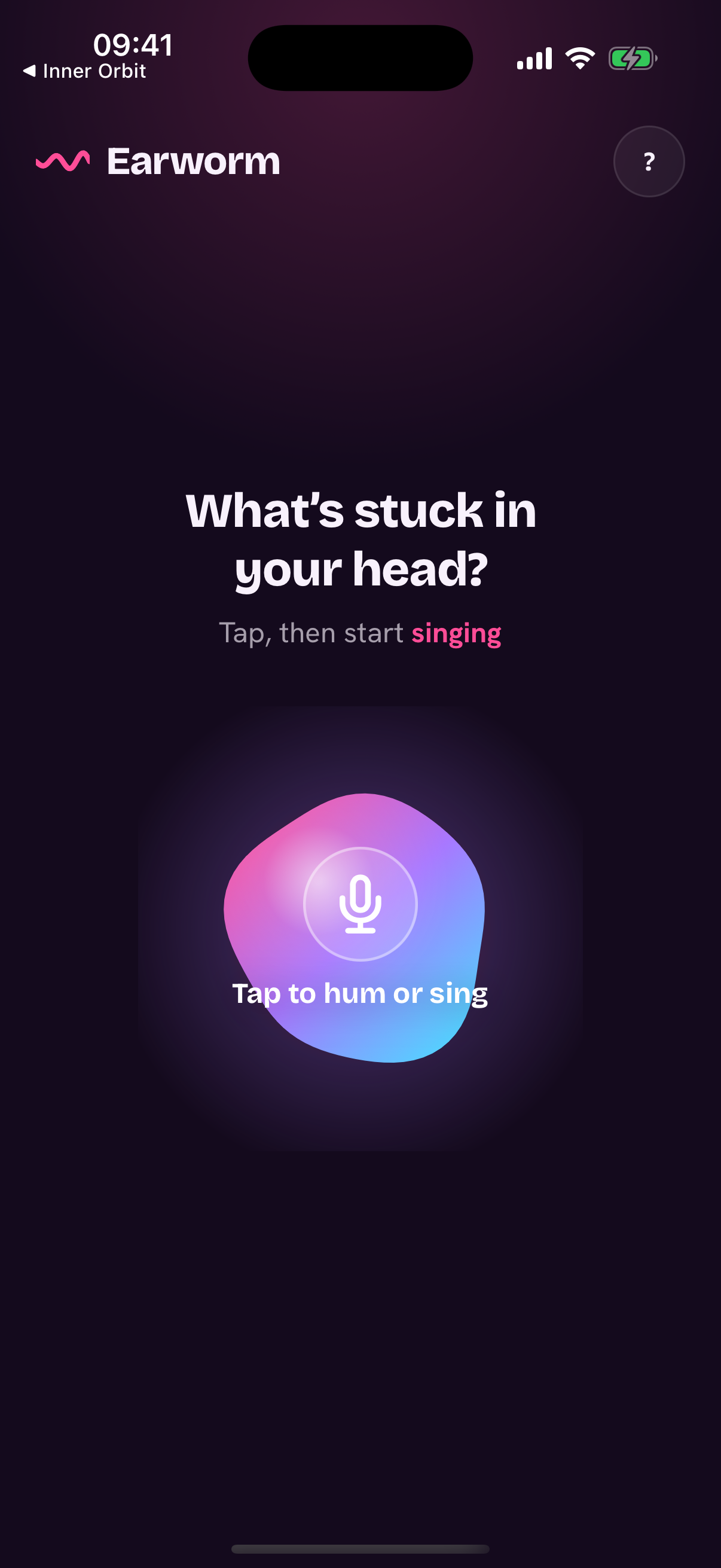 Earworm iPhone home screen: a glowing magenta orb centred on a deep purple background, ready to listen for your hum