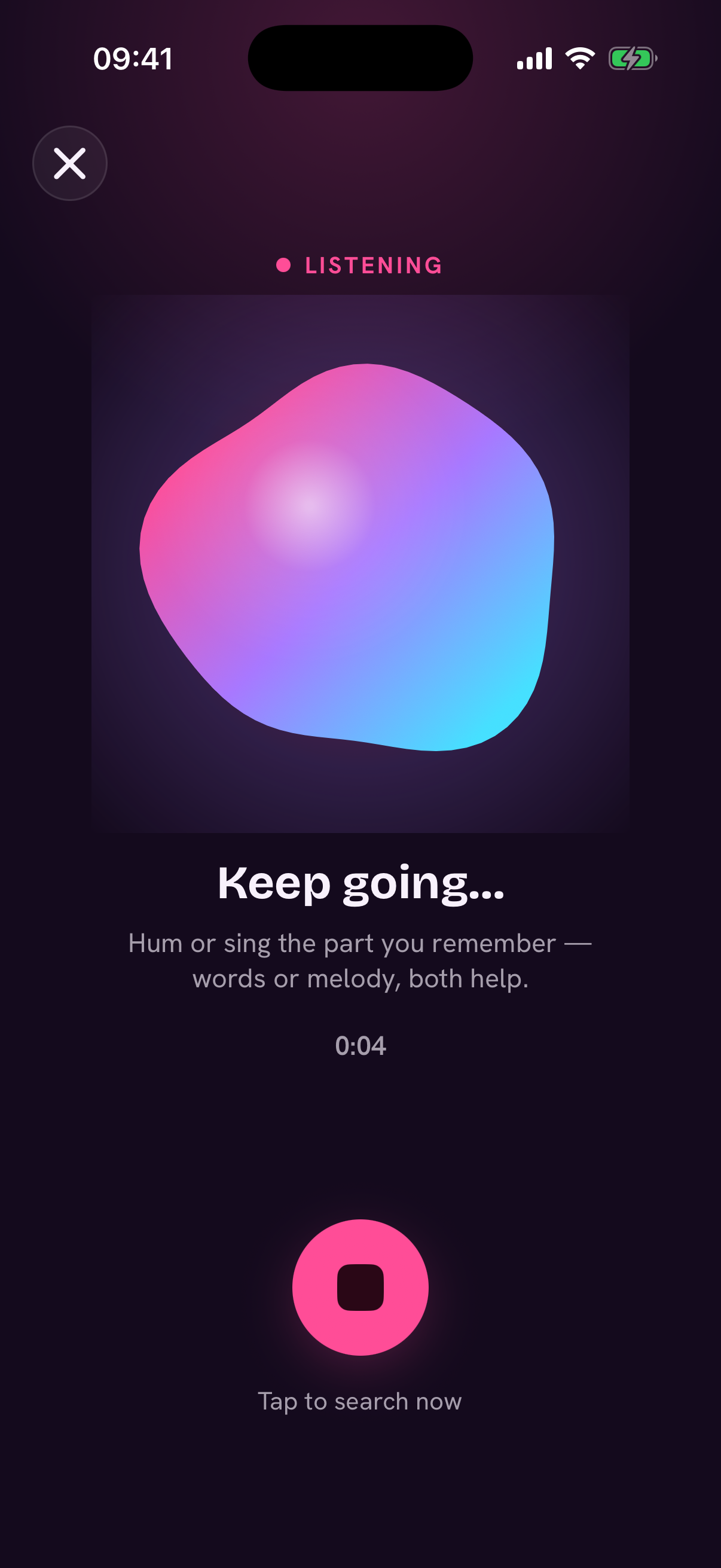 Earworm listening screen showing 'Keep going…'. The orb is animating and audio level bars are active