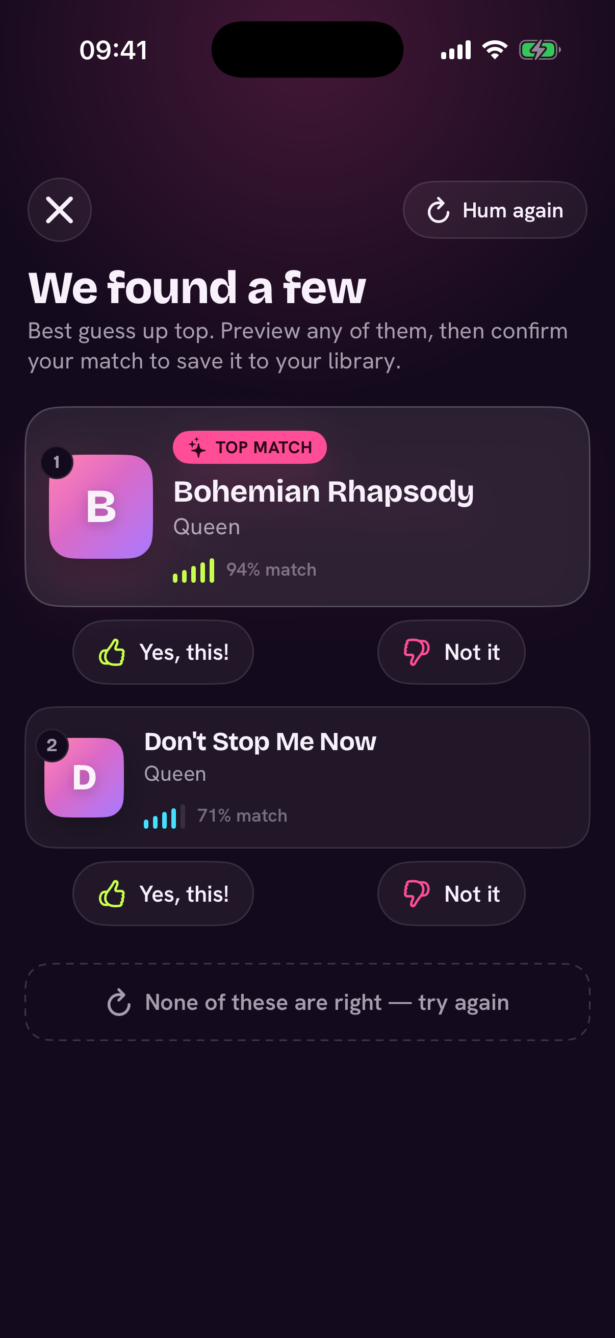 Earworm result screen: a song match shown with high confidence, and buttons to open it in Apple Music or Spotify